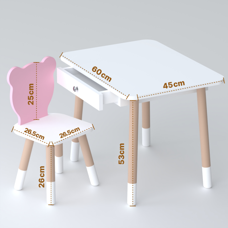 Стіл прямокутний з шухлядою 46х60х45 і стілець мордочка медвежа 26.5х26х25, комплект для дитячої кімнати, білий з рожевим