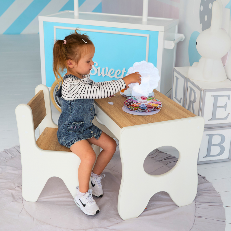 Столик та стільчик для дитини 70×45×51, дитячий гральний стіл та стілець, білий з деревом