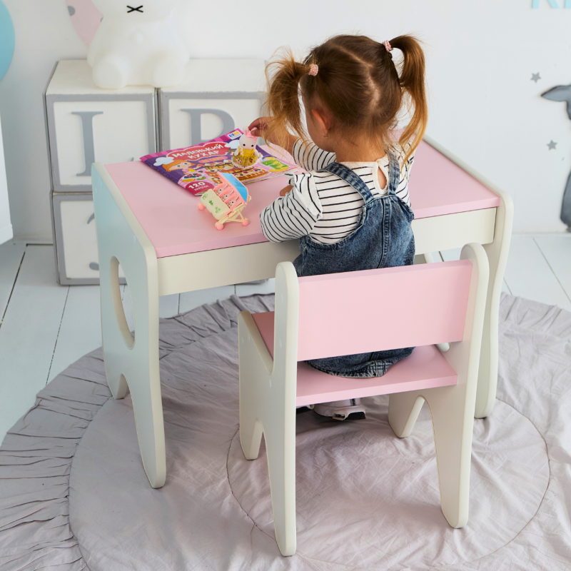 Столик та стільчик для дитини 70×45×51, дитячий гральний стіл та стілець, білий з рожевим