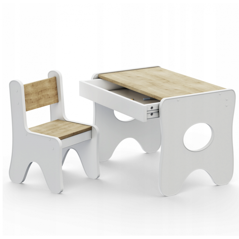 Набір дитячих меблів столик з ящиком та стільчик 70×45×51, стіл та стілець для дітей, білий з деревом