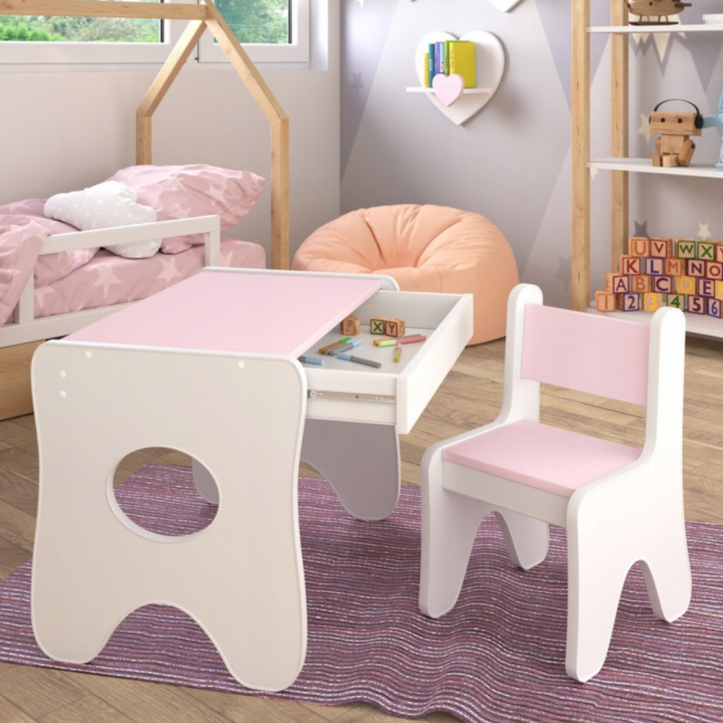 Набір дитячих меблів столик з ящиком та стільчик 70×45×51, стіл та стілець для дітей, білий з рожевим