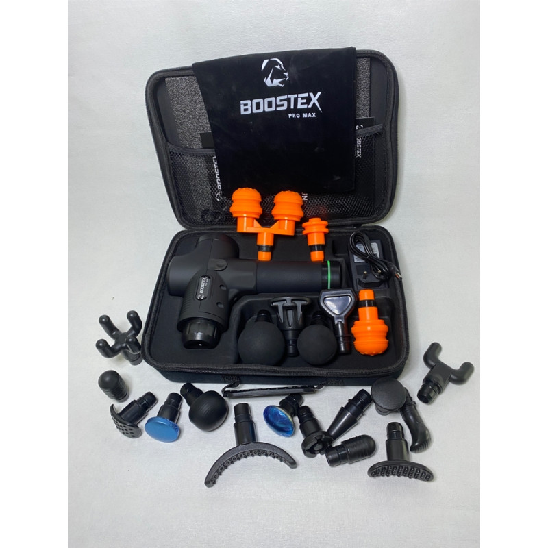 Масажний пістолет Boostex 30 режимів, 21 насадка, кейс — ударний масажер для тіла для зняття напруги