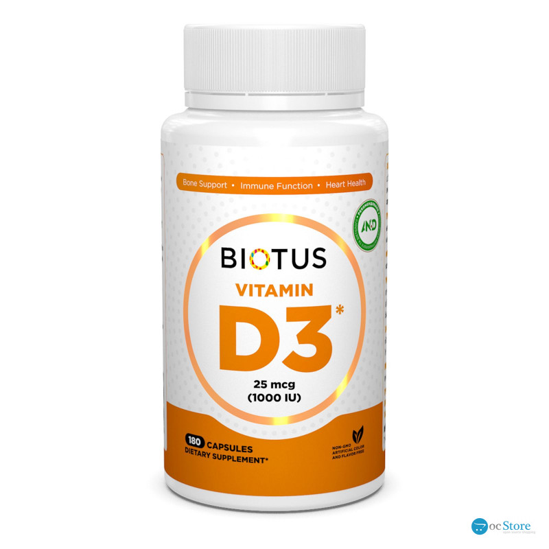 Вітамін D3, Vitamin D3, Biotus, 25 мкг (1000 МО), 180 капсул