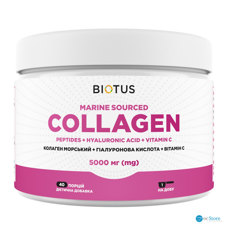 Колаген морський + гіалуронова кислота + вітамін С, Marine Sourced Collagen Peptides + Hyaluronic Acid + Vitamin C, Biotus, 5000 мг, 206 г