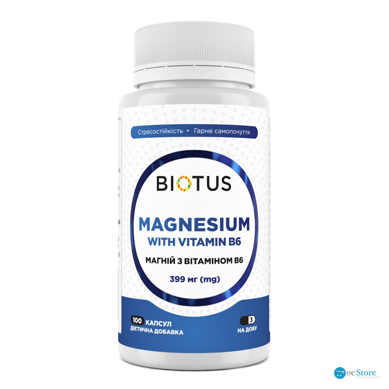 Магній з вітаміном В6, Magnesium with Vitamin B6, Biotus, 399 мг, 100 капсул