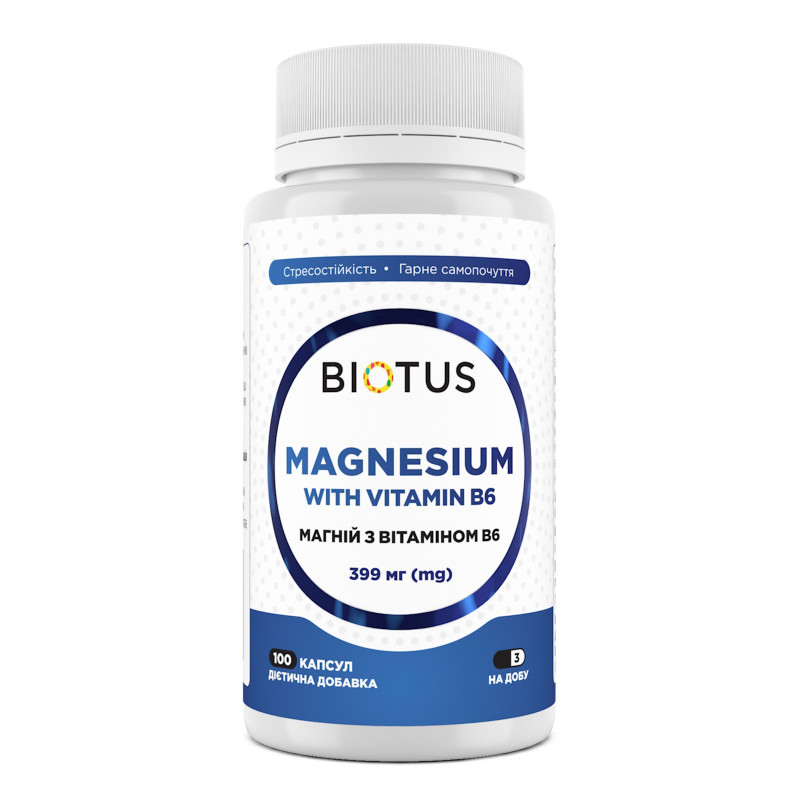 Магній з вітаміном В6, Magnesium with Vitamin B6, Biotus, 399 мг, 100 капсул