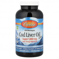 Риб'ячий жир з печінки тріски, Cod Liver Oil, Carlson, норвезька, 250 гелевих капсул
