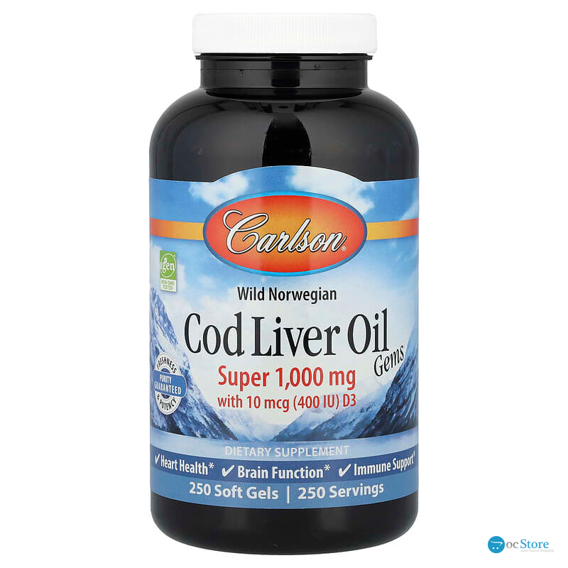 Риб'ячий жир з печінки тріски, Cod Liver Oil, Carlson, норвезька, 250 гелевих капсул