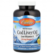 Риб'ячий жир з печінки тріски, Cod Liver Oil, Carlson, лимон, з низьким вмістом вітаміну А, норвезький, 230 мг, 150 гелевих капсул