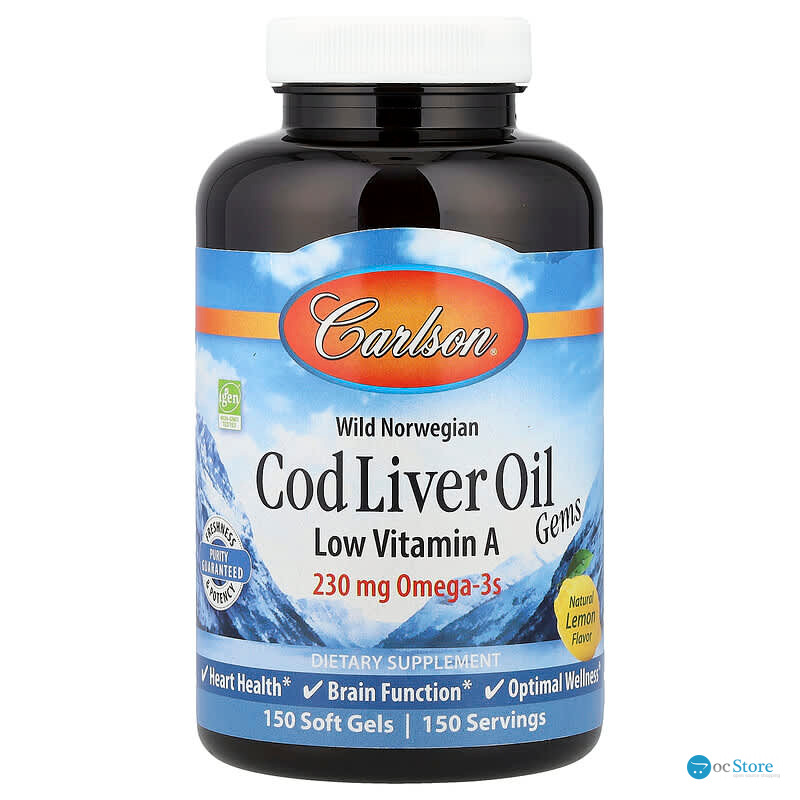 Риб'ячий жир з печінки тріски, Cod Liver Oil, Carlson, лимон, з низьким вмістом вітаміну А, норвезький, 230 мг, 150 гелевих капсул