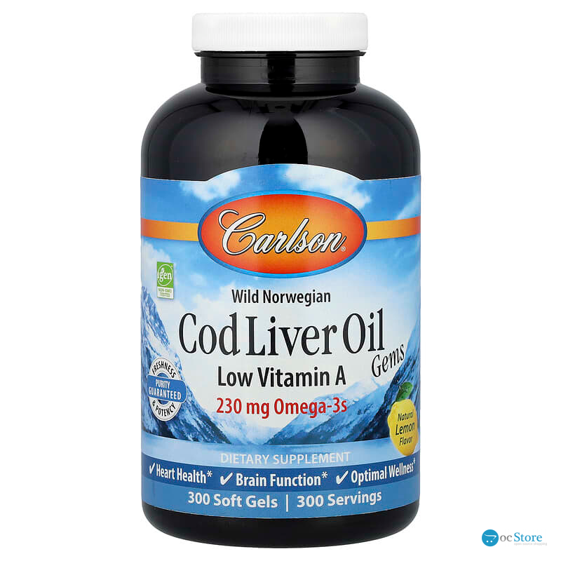Риб'ячий жир з печінки тріски, Cod Liver Oil Gems, Carlson, лимон, з низьким вмістом вітаміну А, 300 гелевих капсул