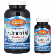 Лососевий жир, збагачений Омега-3, Salmon Oil, Carlson, 500 мг, 180+50 гелевих капсул
