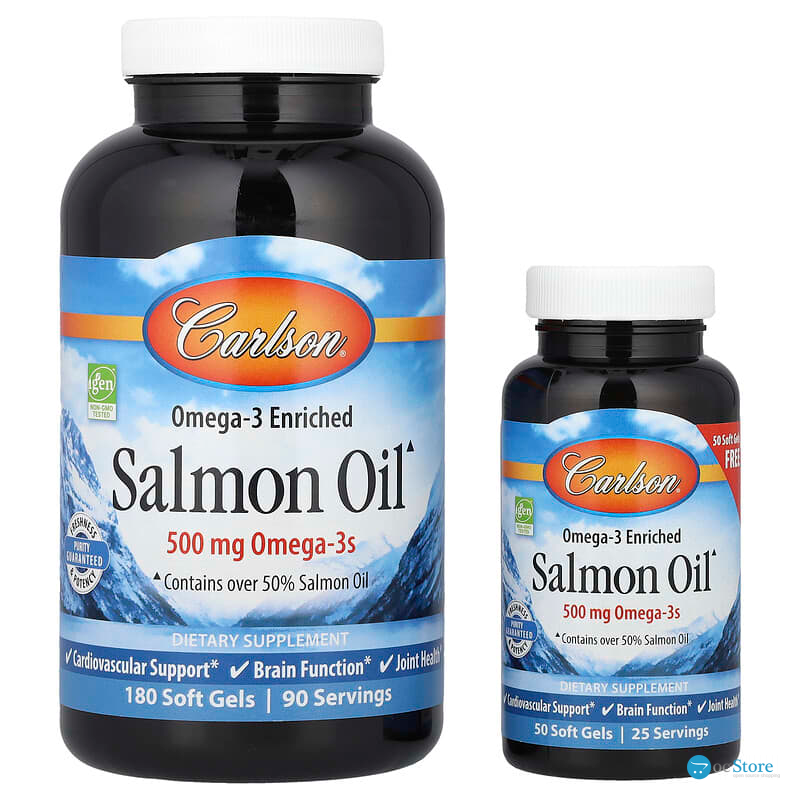 Лососевий жир, збагачений Омега-3, Salmon Oil, Carlson, 500 мг, 180+50 гелевих капсул