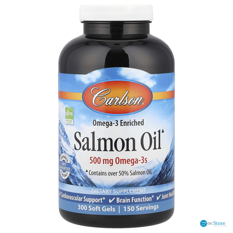Олія лосося, Salmon Oil, Carlson, норвезька, 500 мг, 300 гелевих капсул