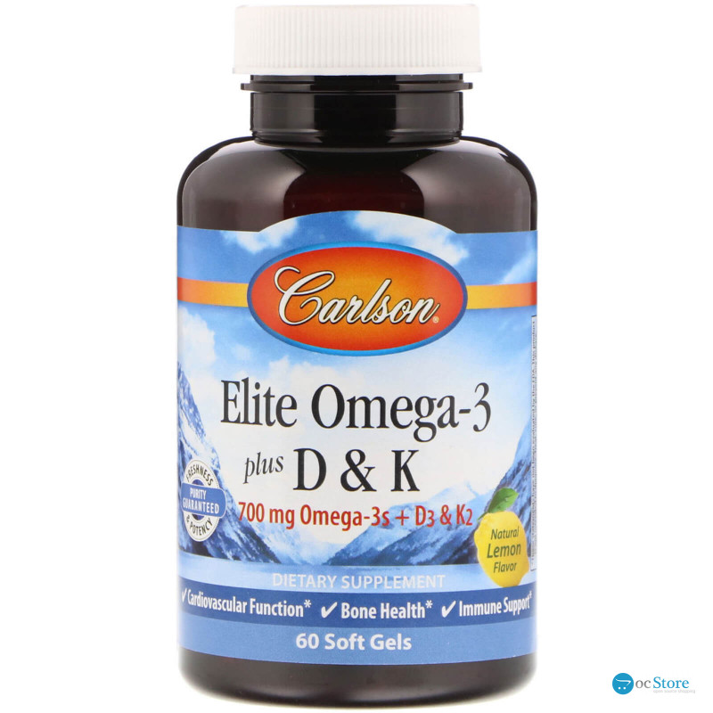 Омега 3 + вітамін D3 і вітамін К, Omega-3 Plus D & K, Carlson, 60 гелевих капсул