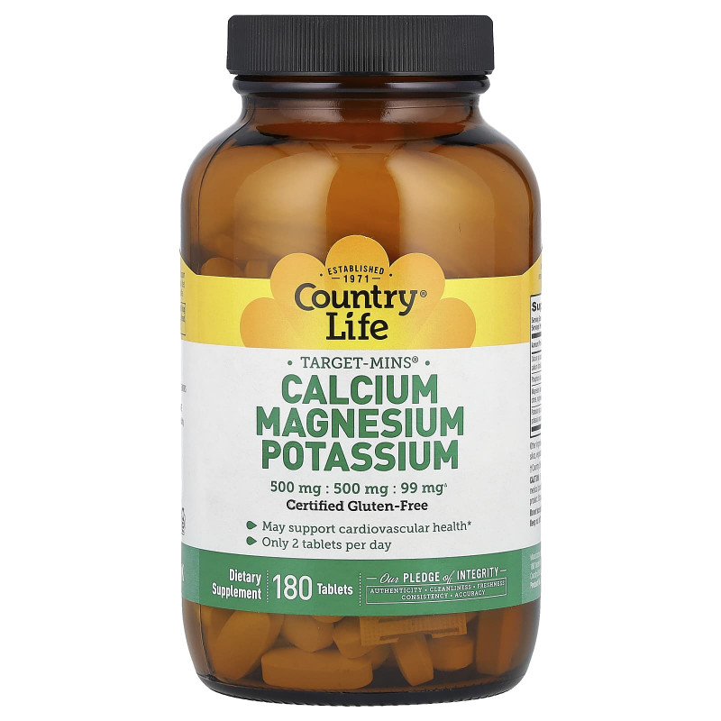 Кальцій магній калій, Calcium Magnesium Potassium, Country Life, 180 таблеток