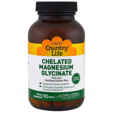 Магній гліцинат, Chelated Magnesium Glycinate, Country Life, 400 мг, 90 таблеток