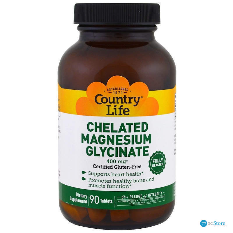 Магній гліцинат, Chelated Magnesium Glycinate, Country Life, 400 мг, 90 таблеток