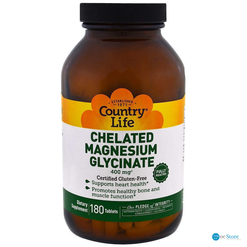 Магній гліцинат, Chelated Magnesium Glycinate, Country Life, 400 мг, 180 таблеток