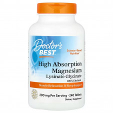 Магній хелат, Magnesium, Doctor's Best, з високим ступенем засвоєння, 200 мг, 240 таблеток (100 мг у таблетці)