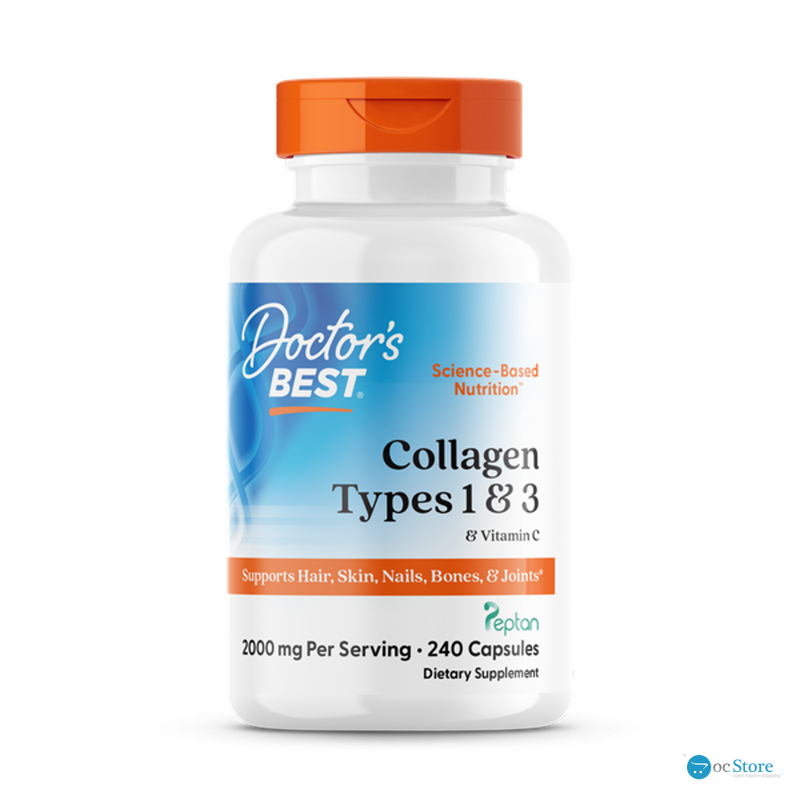 Колаген 1 і 3 типу, Types 1 and 3 with Peptan, Doctor's Best, з пептаном та вітаміном C, 500 мг, 240 капсул (125 мг у капсулі)