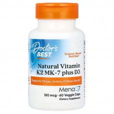 Вітамін K2 (MK-7) плюс D3, Natural Vitamin K2 Plus D3 з MK-7, Doctor's Best, 180 мкг, 60 вегетаріанських капсул