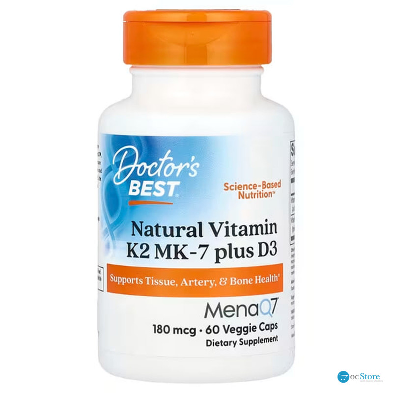 Вітамін K2 (MK-7) плюс D3, Natural Vitamin K2 Plus D3 з MK-7, Doctor's Best, 180 мкг, 60 вегетаріанських капсул