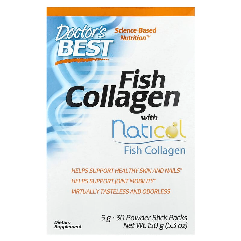 Колаген риб'ячий, Fish Collagen with Naticol, Doctor's Best, з Naticol, 5 г, 30 стиків (150 г)