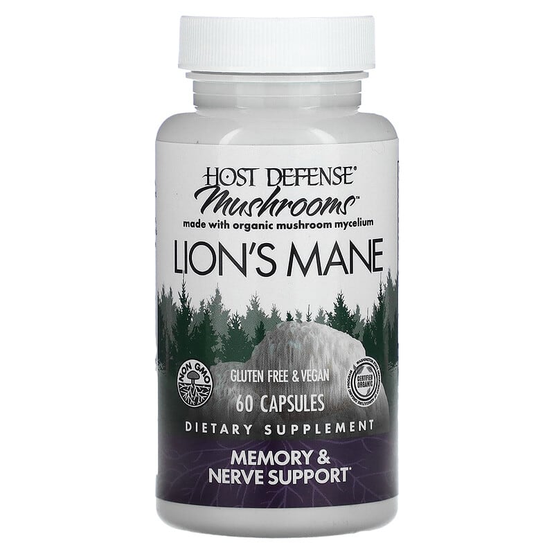 Їжовик гребінчастий, Lion's Mane, Fungi Perfecti, Host Defense, підтримка пам'яті та нервів, 1 г, 60 вегетаріанських капсул