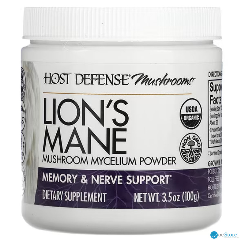 Їжачок гребінчастий, Lion's Mane, Host Defense, порошок грибного міцелію, для підтримки пам'яті та нервової системи, 100 г
