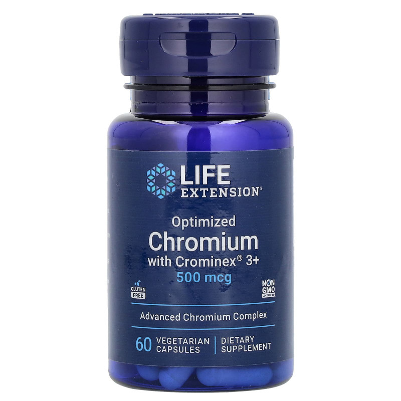 Хром, Optimized Chromium with Crominex 3+, Life Extension, оптимізований, 500 мкг, 60 вегетаріанських капсул