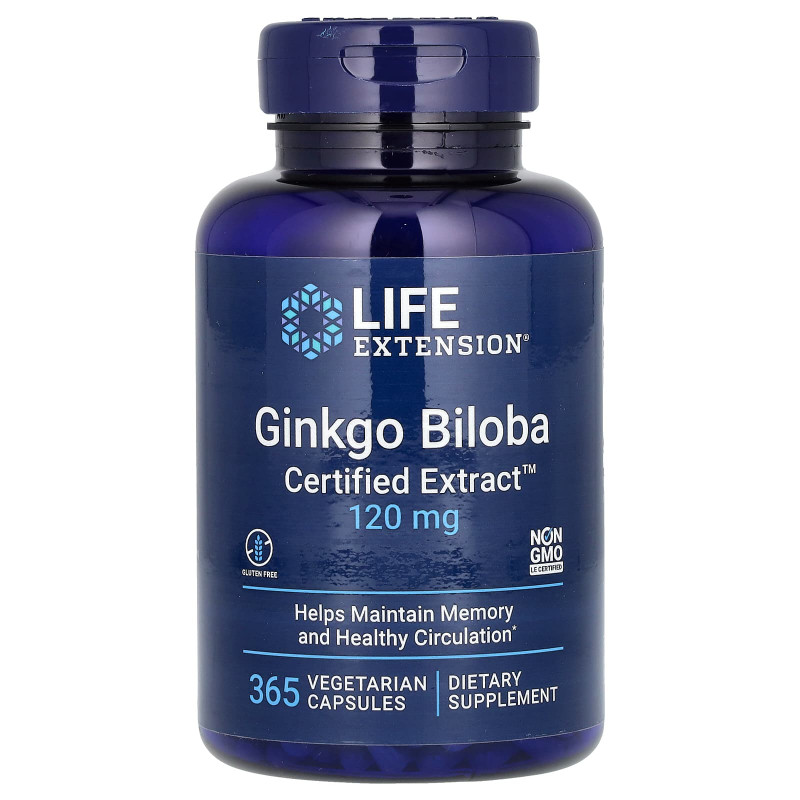 Гінкго Білоба, Ginkgo Biloba, Life Extension, сертифікований екстракт, 120 мг, 365 вегетаріанських капсул