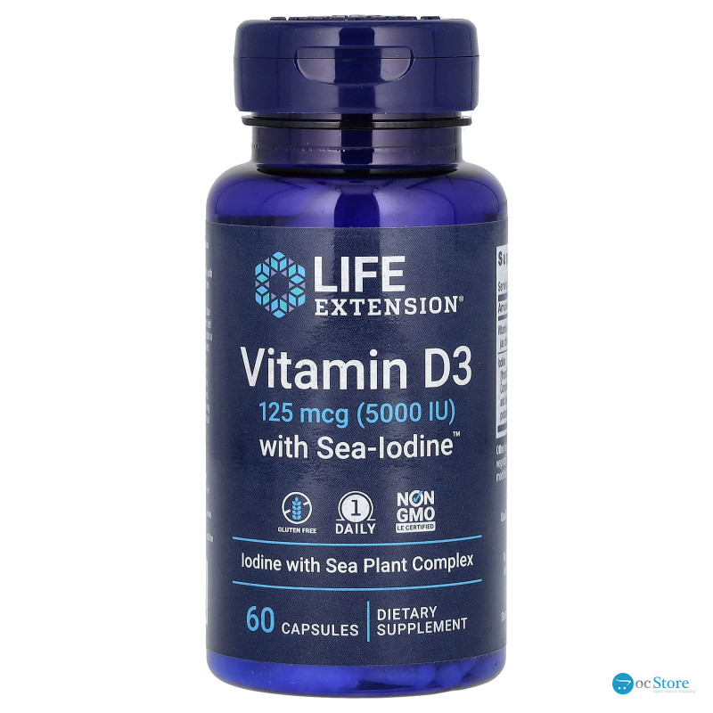 Вітамін D3, Vitamin D3, Life Extension, з йодом, 125 мкг (5000 МО), 60 капсул