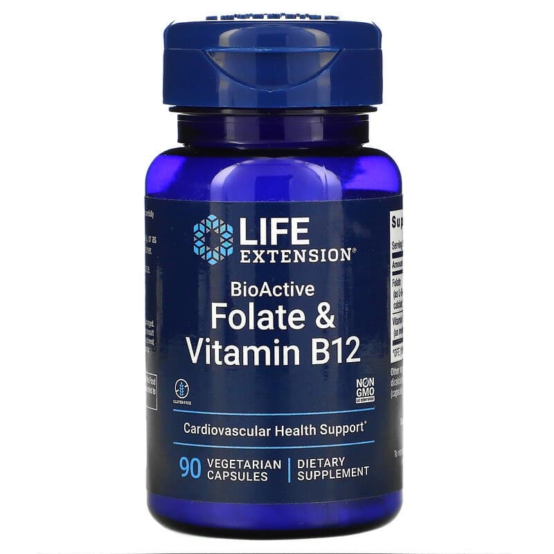 Фолієва кислота та вітамін В12, Folate & Vitamin B12, Life Extension, 90 капсул