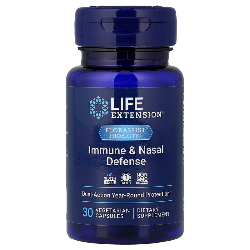 Пробіотики при сезонній алергії, Florassist Probiotic Immune & Nasal Defense, Life Extension, захист імунітету та носа, 30 вегетаріанських капсул