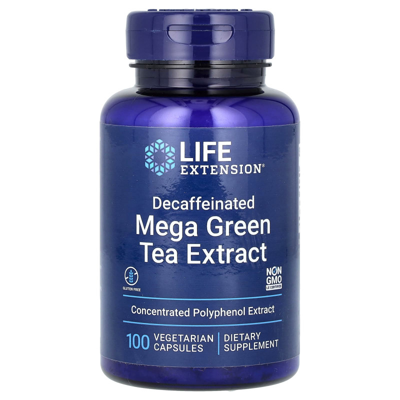 Зелений чай мега екстракт, Mega Green Tea Extract, Life Extension, без кофеїну, 100 вегетаріанських капсул (725 мг на капсулу)