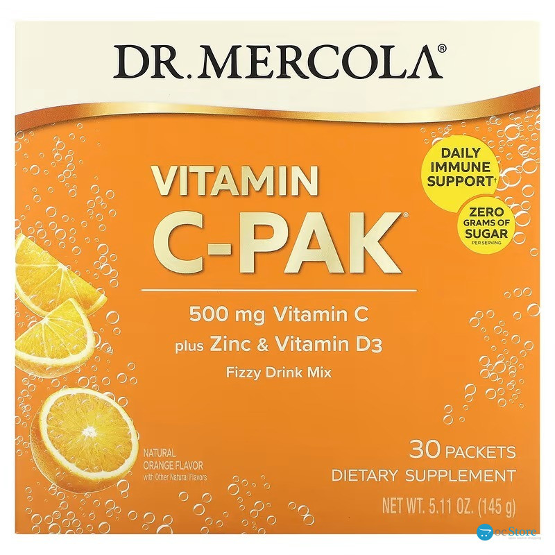 Вітамін С + цинк та вітамін D3, Vitamin C-PAK with Quercetin, Dr. Mercola, зі смаком апельсина, 500 мг, 30 пакетиків (4.84 г кожний)