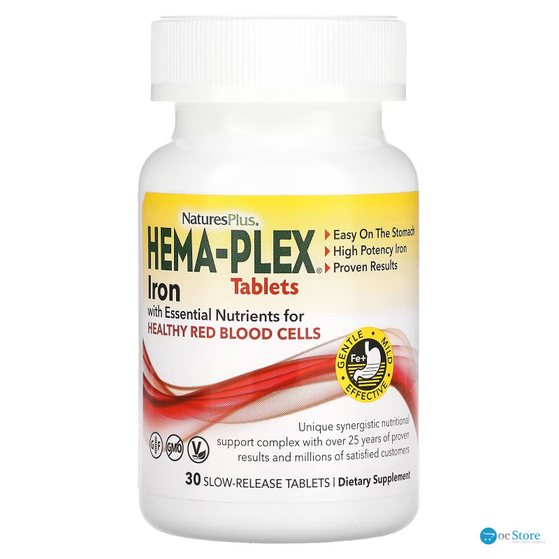 Залізо та поживні речовини для здоров'я еритроцитів, Iron with Essential Nutrients, Hema-Plex, NaturesPlus, 30 таблеток із уповільненим вивільненням