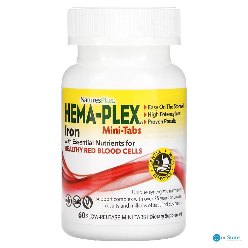 Залізо та поживні речовини для здоров'я еритроцитів, Iron with Essential Nutrients, Hema-Plex, NaturesPlus, 60 міні-таблеток із уповільненим вивільненням