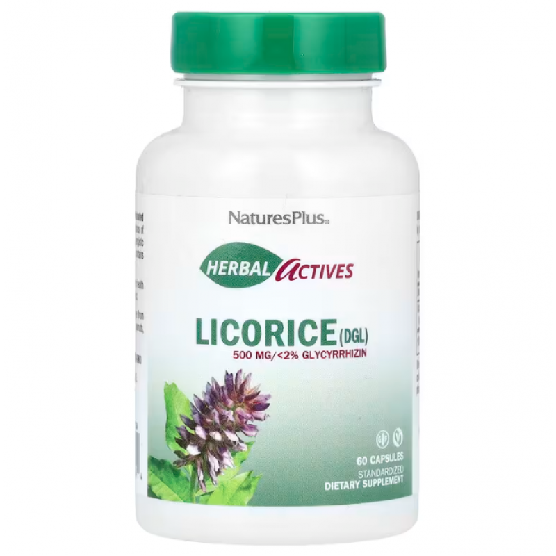 Корінь солодки, Licorice (DGL) Nature's Plus, Herbal Actives, 500 мг, 60 капсул