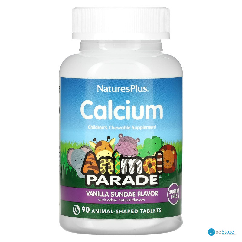 Кальцій для дітей, Calcium Children's Chewable, Nature's Plus, Animal Parade, ваніль, без цукру, 90 жувальних таблеток у формі тварин