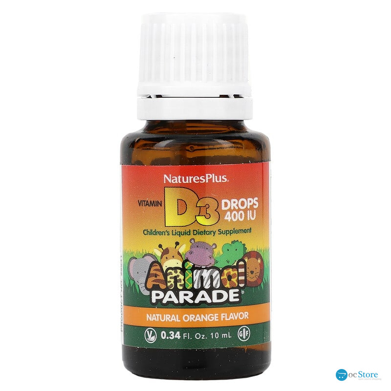 Вітамін D3 у краплях, Vitamin D3 Drops, Nature's Plus, Animal Parade, апельсиновий смак, 400 МО, 10 мл
