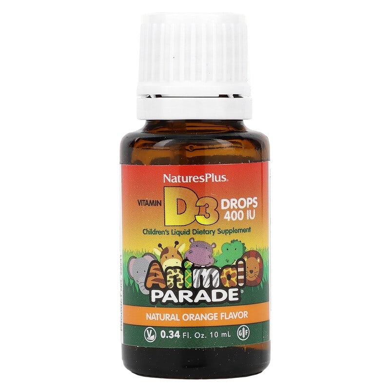 Вітамін D3 у краплях, Vitamin D3 Drops, Nature's Plus, Animal Parade, апельсиновий смак, 400 МО, 10 мл