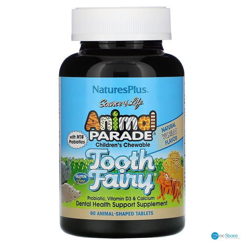 Пробіотики, Tooth Fairy Probiotic, Nature's Plus, Animal Parade, для дітей, вітамін D3 та кальцій, смак ванілі, 90 таблеток у формі тварин