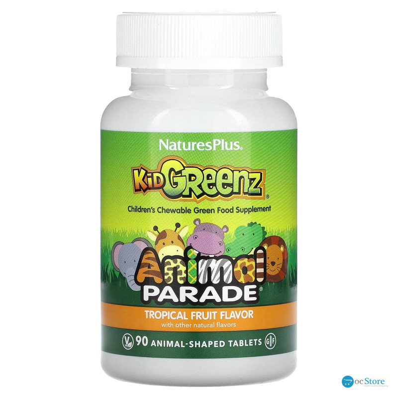 Суперфуд для дітей, Kid Greenz, Nature's Plus, Animal Parade, смак тропічних фруктів, 90 жувальних таблеток у формі тварин