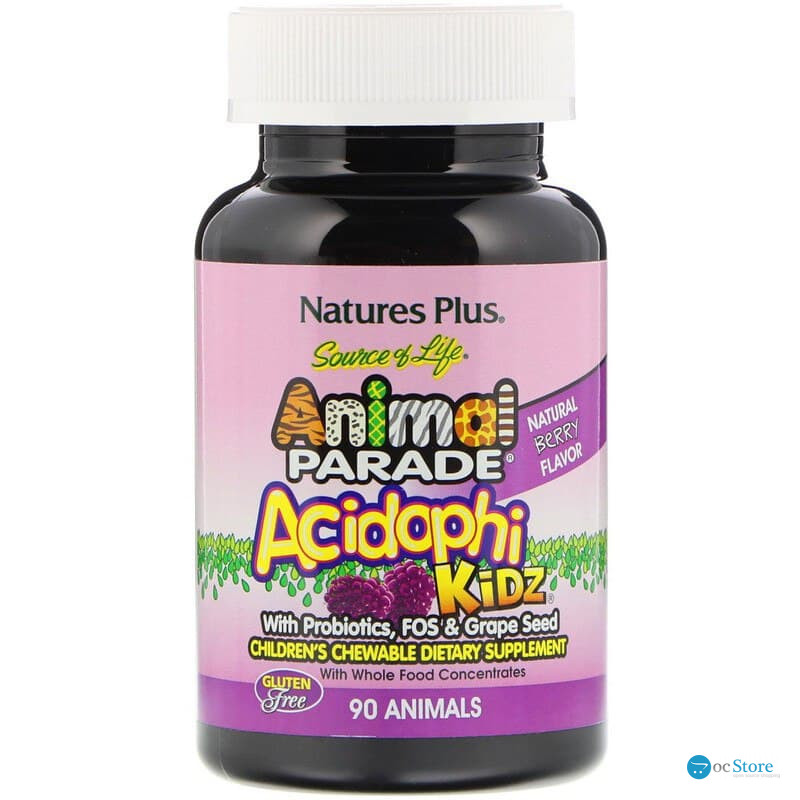Пробіотики для дітей, AcidophiKidz, Nature's Plus, Animal Parade, вишневий смак, 90 жувальних цукерок у формі тварин