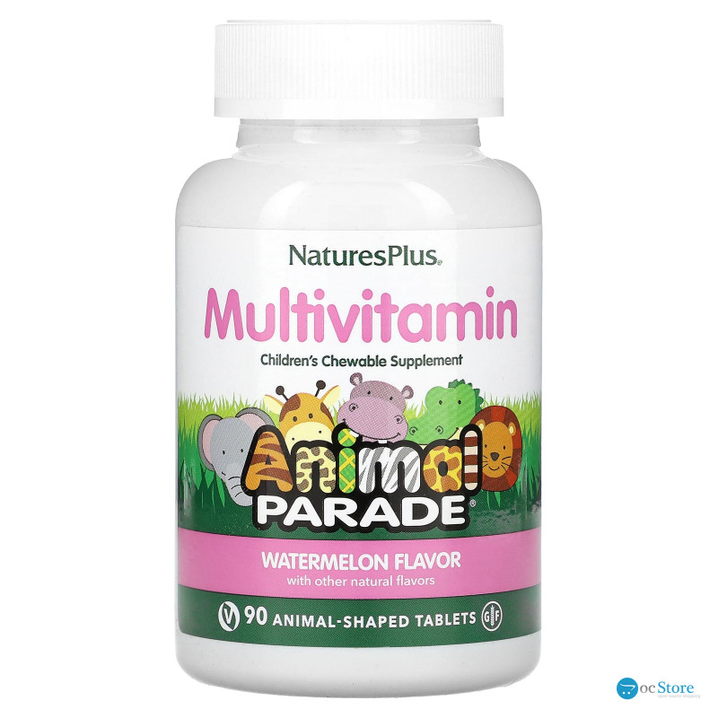 Мультивітаміни та мінерали для дітей, Animal Parade Multivitamin, NaturesPlus, смак кавуна, 90 жувальних цукерок у формі тварин