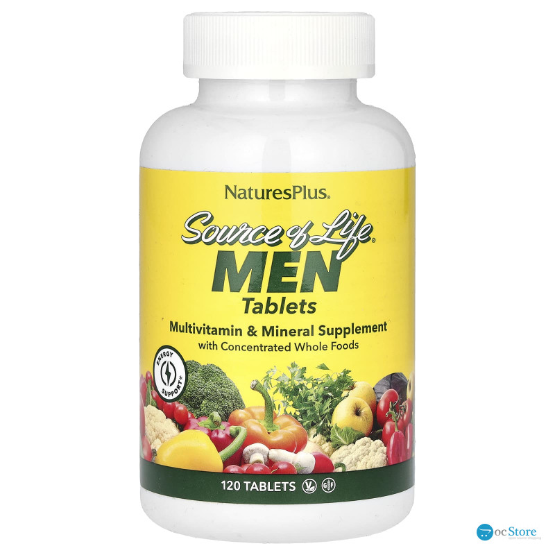 Мультивітаміни та мінералі для чоловіків, Source of Life Men, Nature's Plus, Source of Life Men, з концентрованими цільними продуктами, без заліза, 120 таблеток