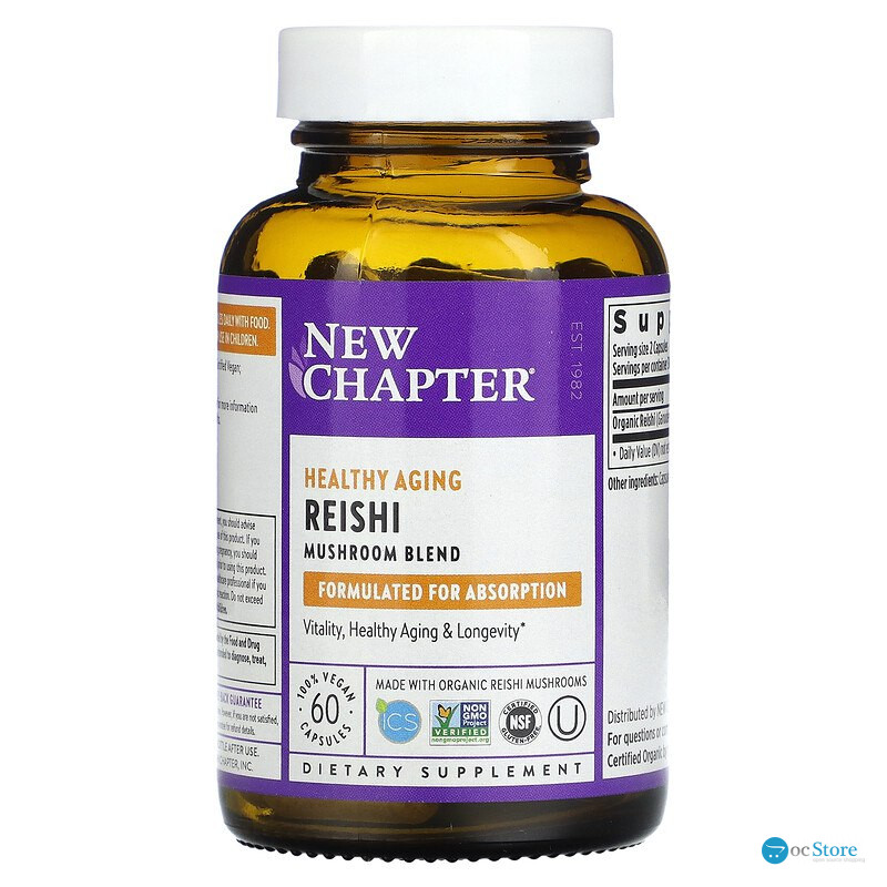 Гриби рейші, Reishi, New Chapter, органік, 60 капсул