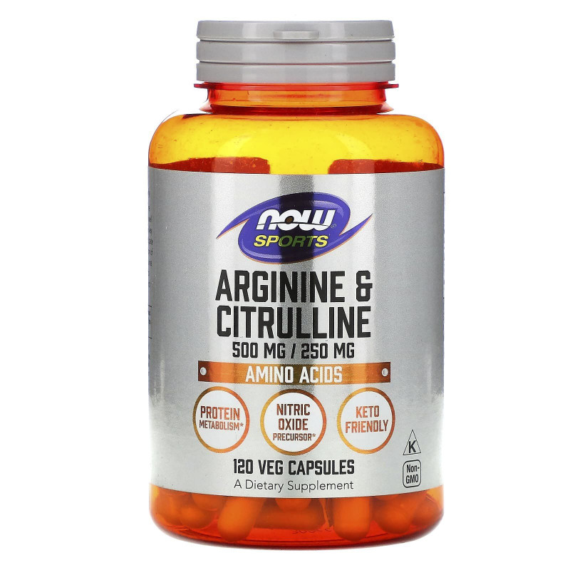 Аргінін та цитрулін, Arginine & Citrulline, Now Foods, Sports, 500 мг/250 мг, 120 вегетаріанських капсул
